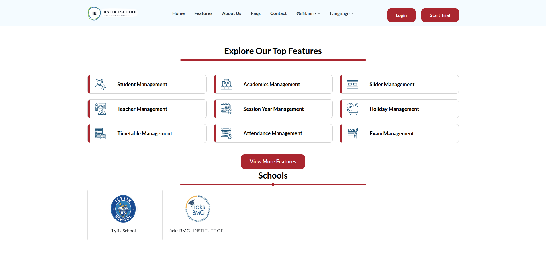 iLytix eSchool features and schools screen